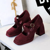Retro Shoes Chunky Heel High Heel Waterproof Platform Low Cut Square Toe Cross Suede Leopard Print Pumps